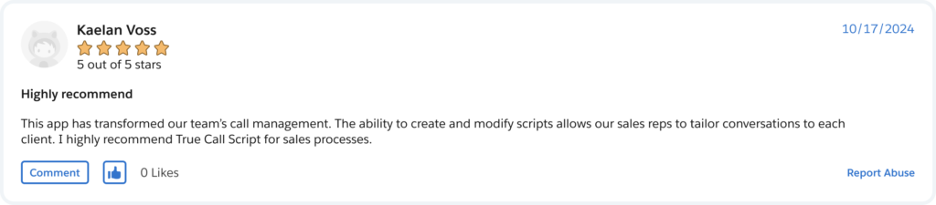 True Call Script review on Salesforce AppExchange, customer review 1