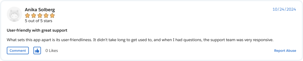 True Time Tracker review on Salesforce AppExchange, customer review 1
