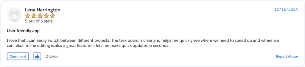 True Task Tracker review on Salesforce AppExchange, customer review 1