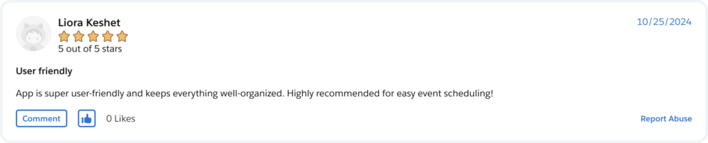 True Event Scheduler review on Salesforce AppExchange, customer review 1