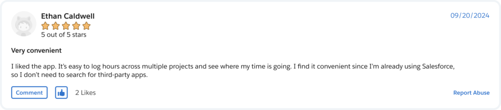 True Time Tracker review on Salesforce AppExchange, customer review 3