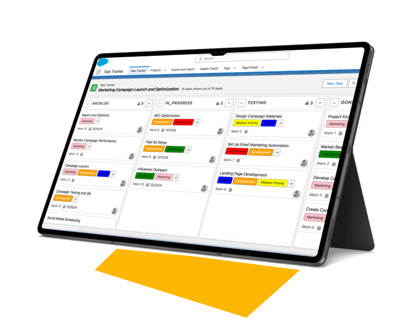 True Task Tracker drag-and-drop task board inside Salesforce with due dates and tags