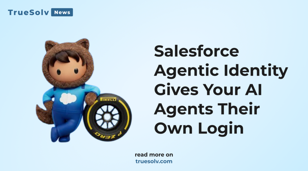 Salesforce Agentic Identity diagram showing an AI agent with its own login and permission set